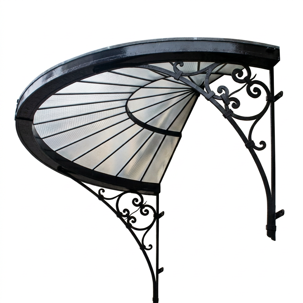 Semi‑circular fan‑style wrought iron canopy with glass roof above entrance.