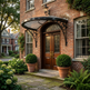 Semi‑circular architectural awning with scrollwork and tempered glass top.