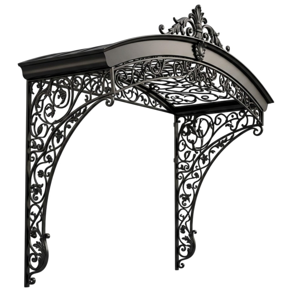 Curved wrought iron awning with dense floral scrollwork above exterior entrance.