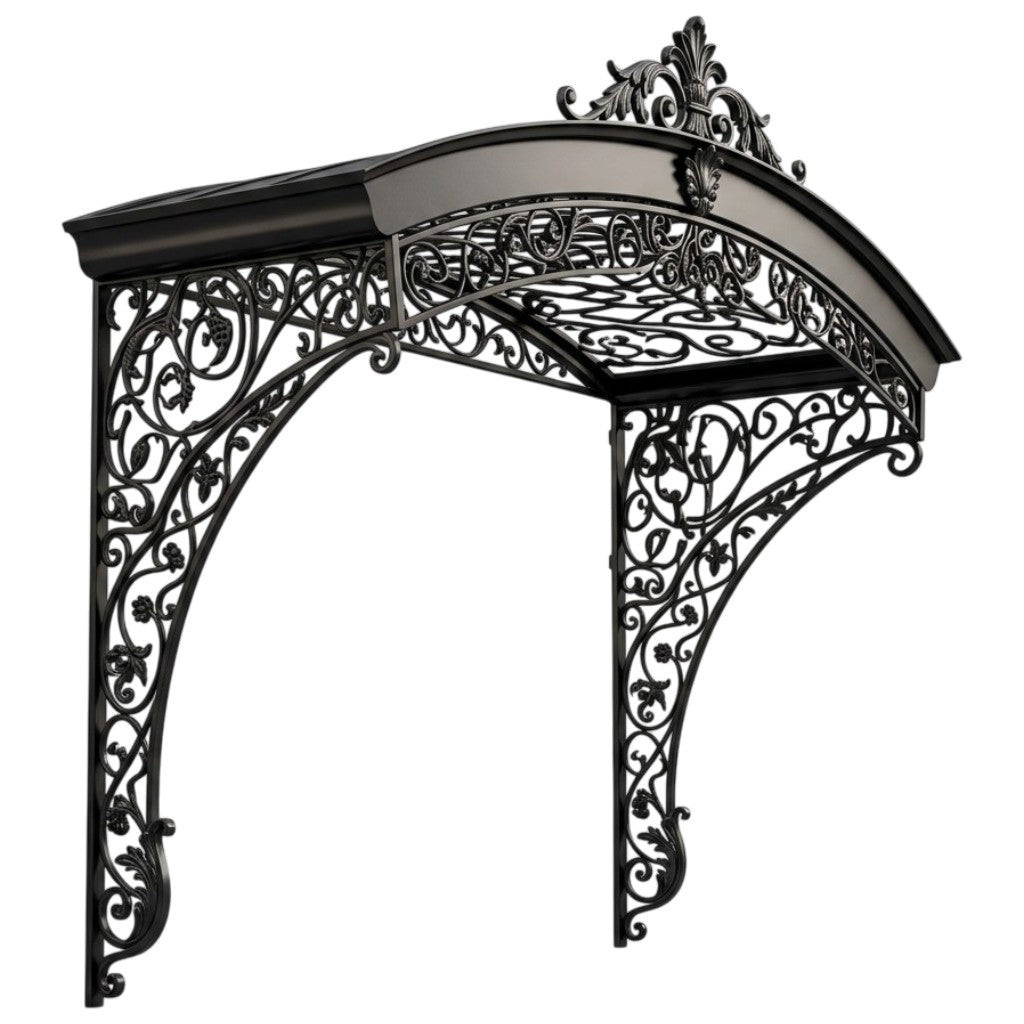 Curved wrought iron awning with dense floral scrollwork above exterior entrance.