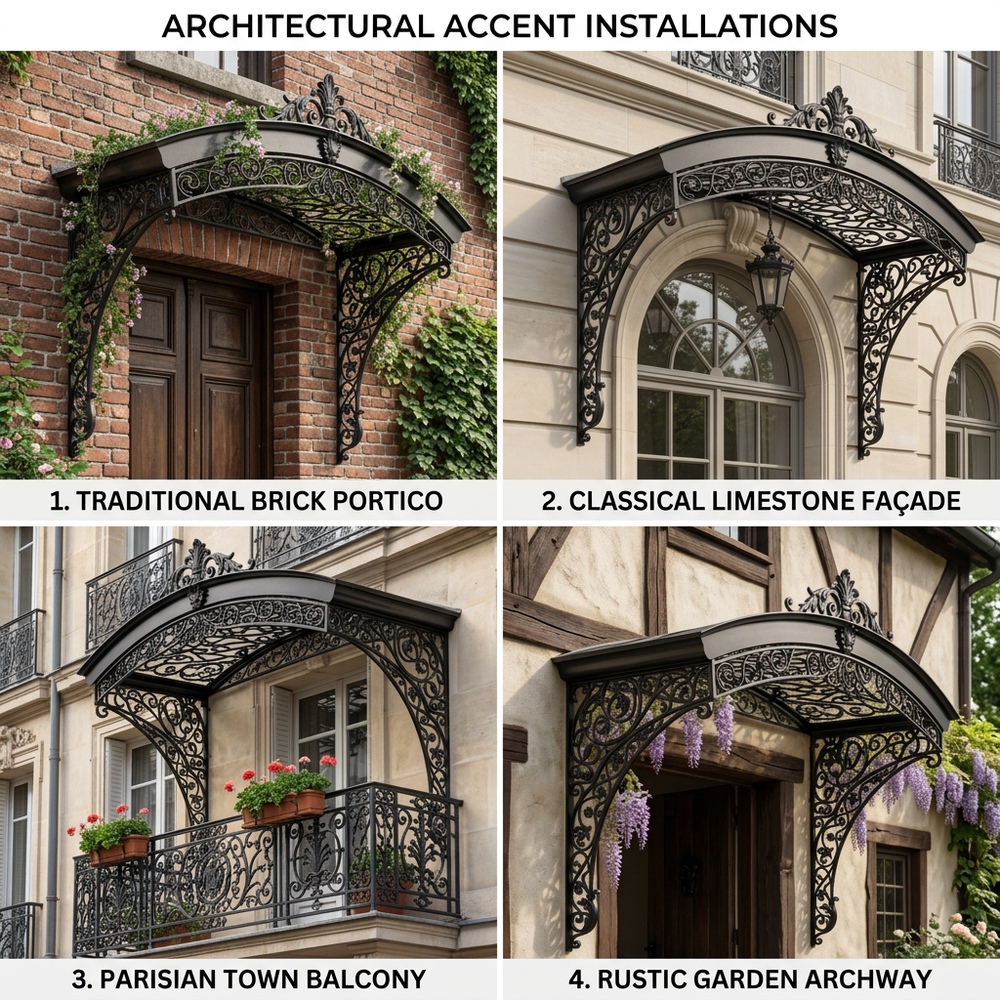 Hand‑forged iron entrance canopy featuring intricate scroll patterns.