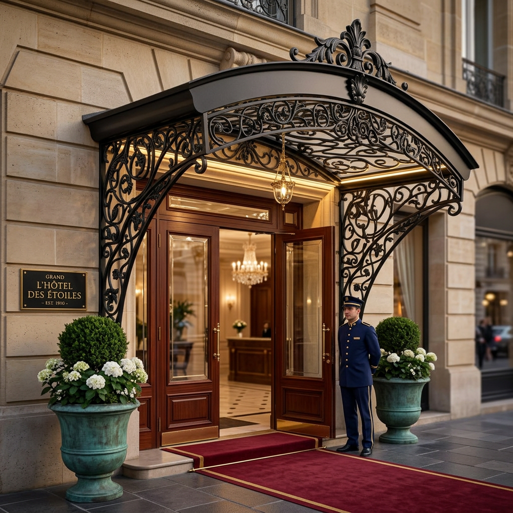 Curved architectural awning with ornate vine‑style ironwork.