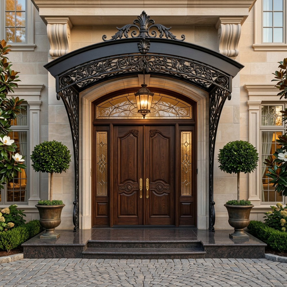 Luxury entrance awning with symmetrical scrollwork and arched roof design.