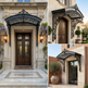 Ornamental metal awning with curved roof and symmetrical decorative supports.