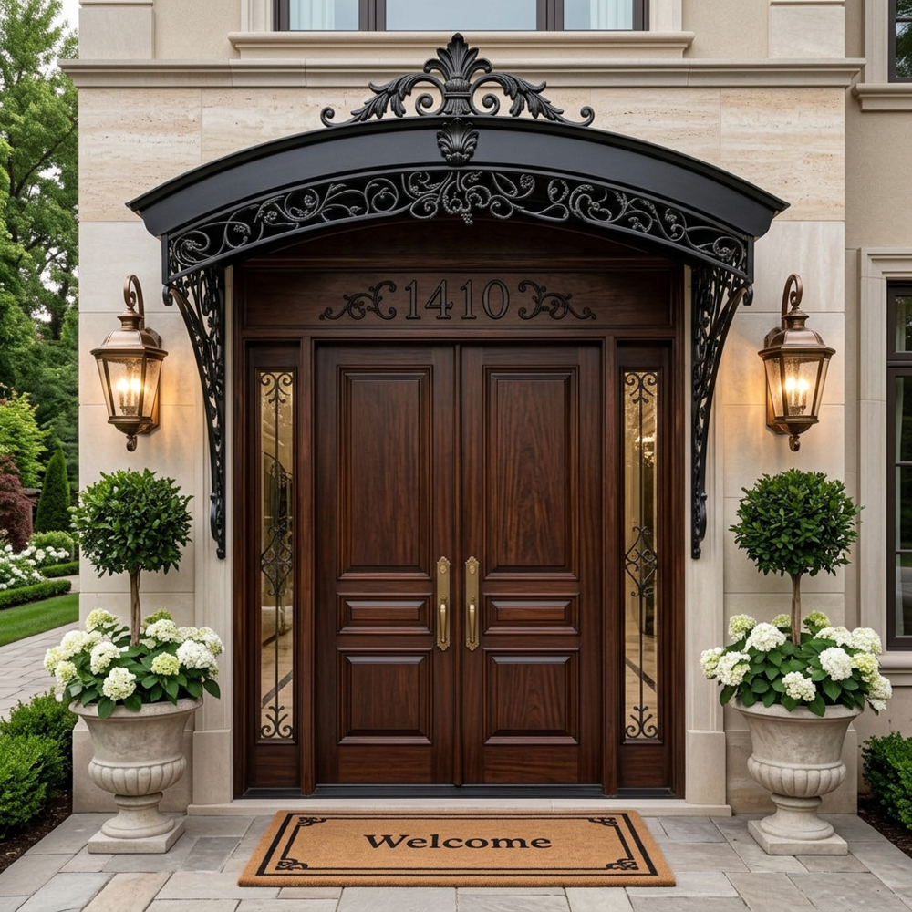 Premium curved iron canopy designed for luxury and heritage entrances.