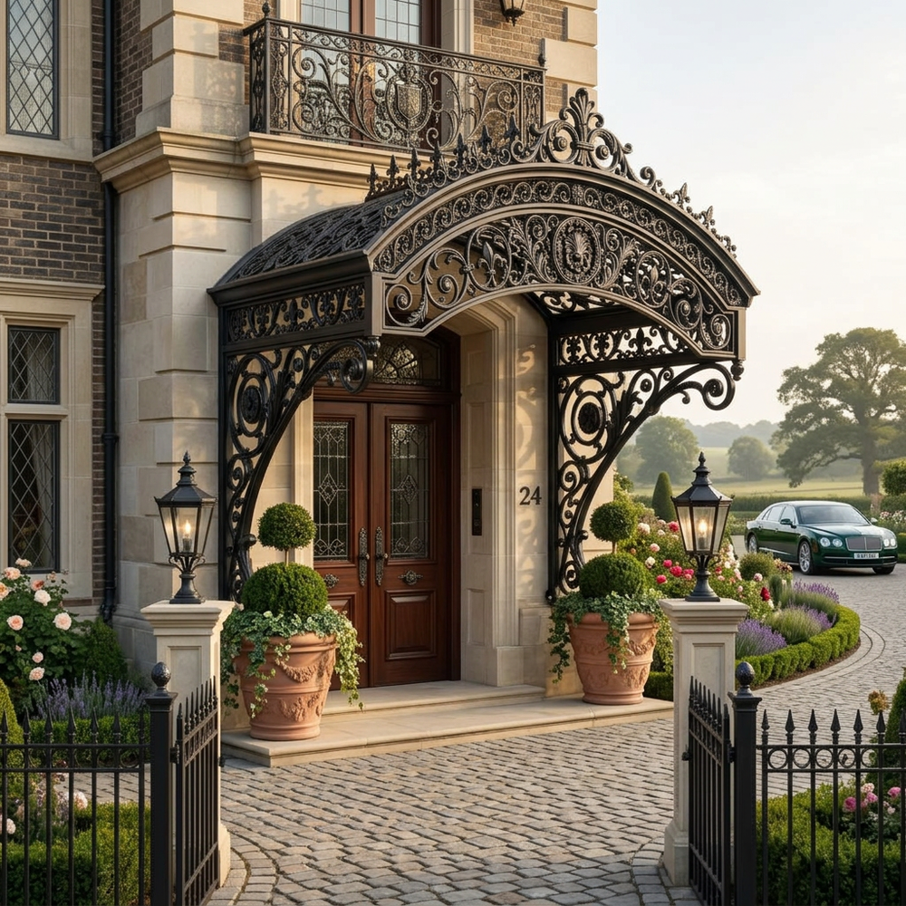 Ornamental wrought iron canopy designed for upscale entrances.