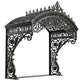 Ornate wrought iron archway canopy with floral medallions and decorative finials.