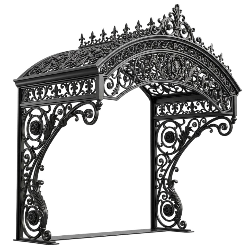 Ornate wrought iron archway canopy with floral medallions and decorative finials.