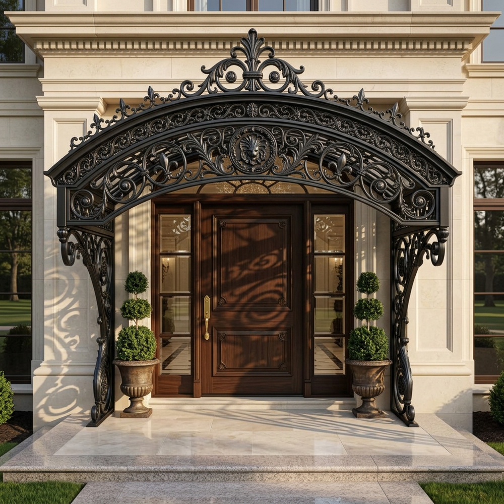 Ornate wrought iron archway canopy with floral medallions and decorative finials.