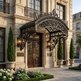 Filigree iron entrance structure featuring dense scrollwork and curved roof design.