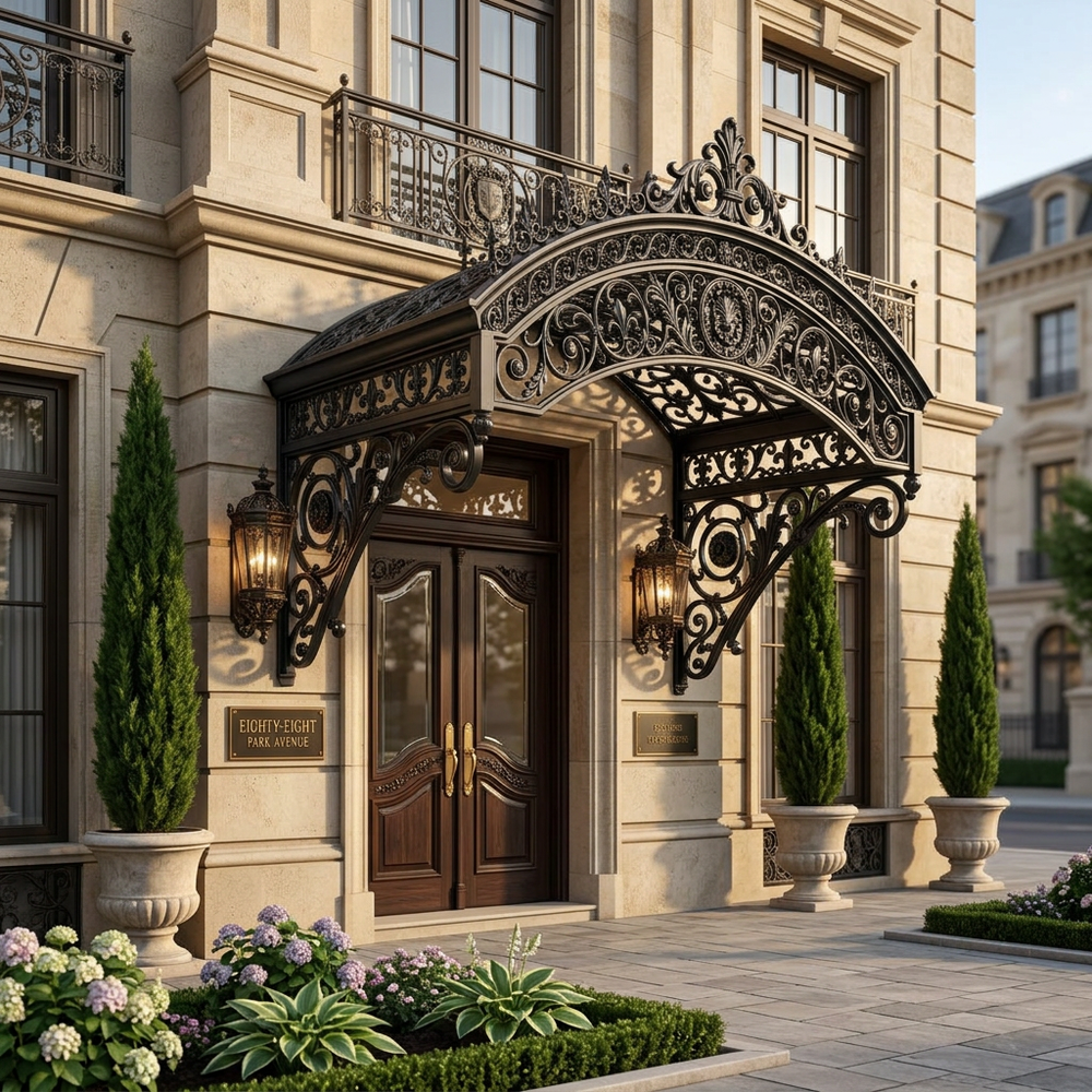 Filigree iron entrance structure featuring dense scrollwork and curved roof design.
