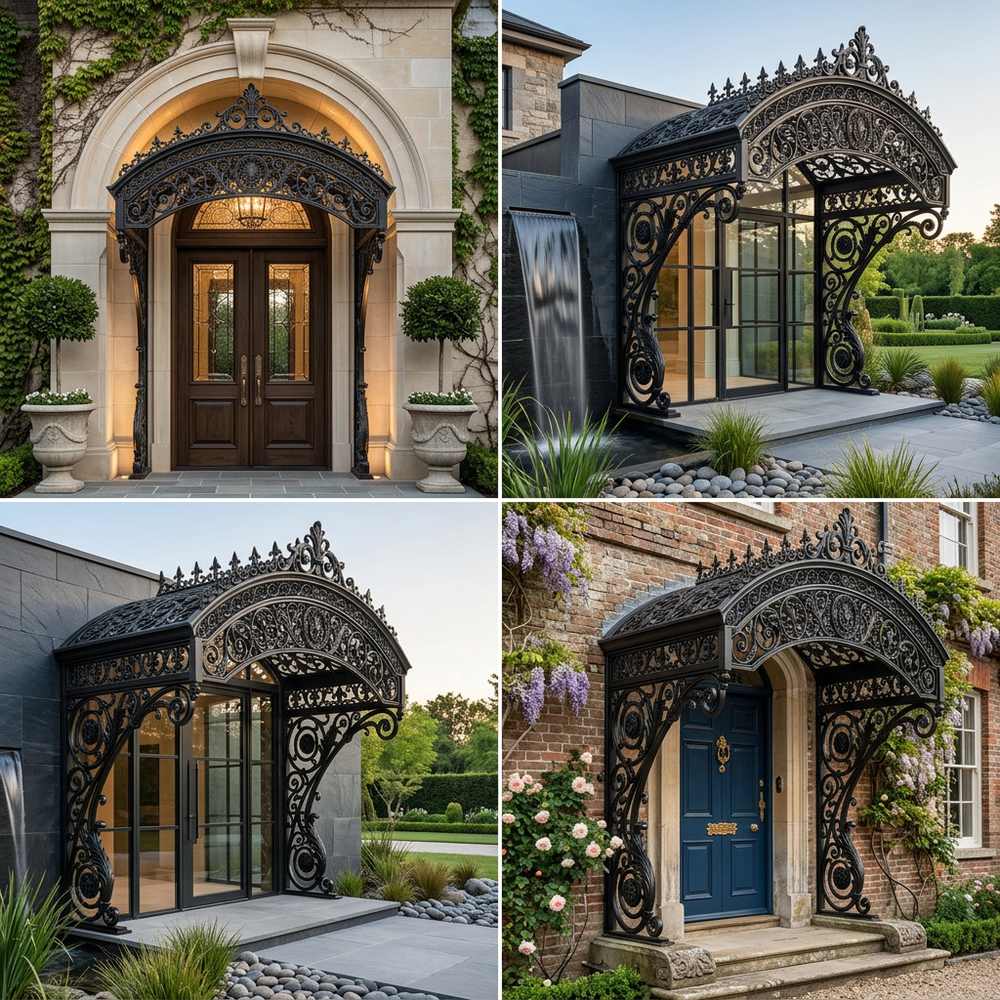 Luxury iron archway with vine‑style filigree and crowned finials.