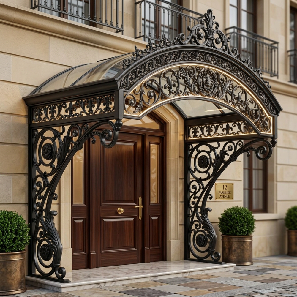 Decorative metal archway featuring floral filigree and curved top section.
