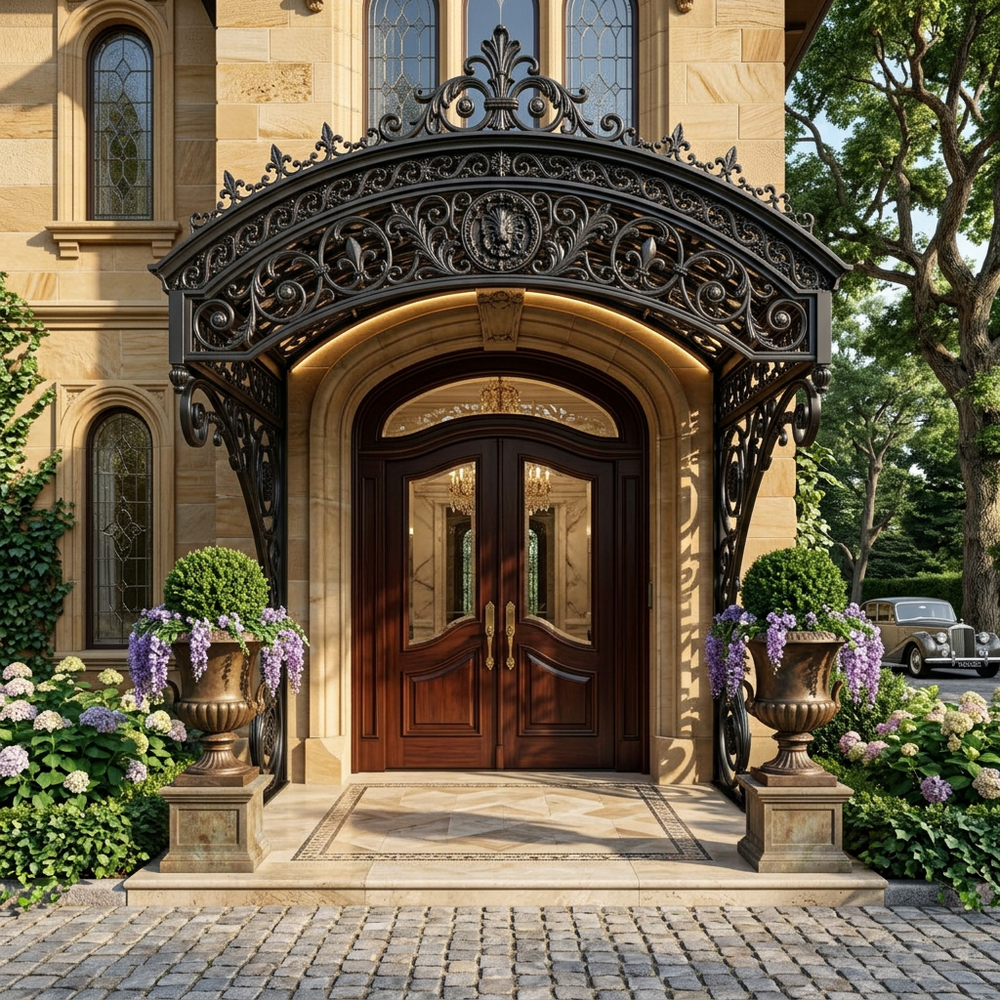 Wrought iron canopy with elaborate ornamental detailing and finials.