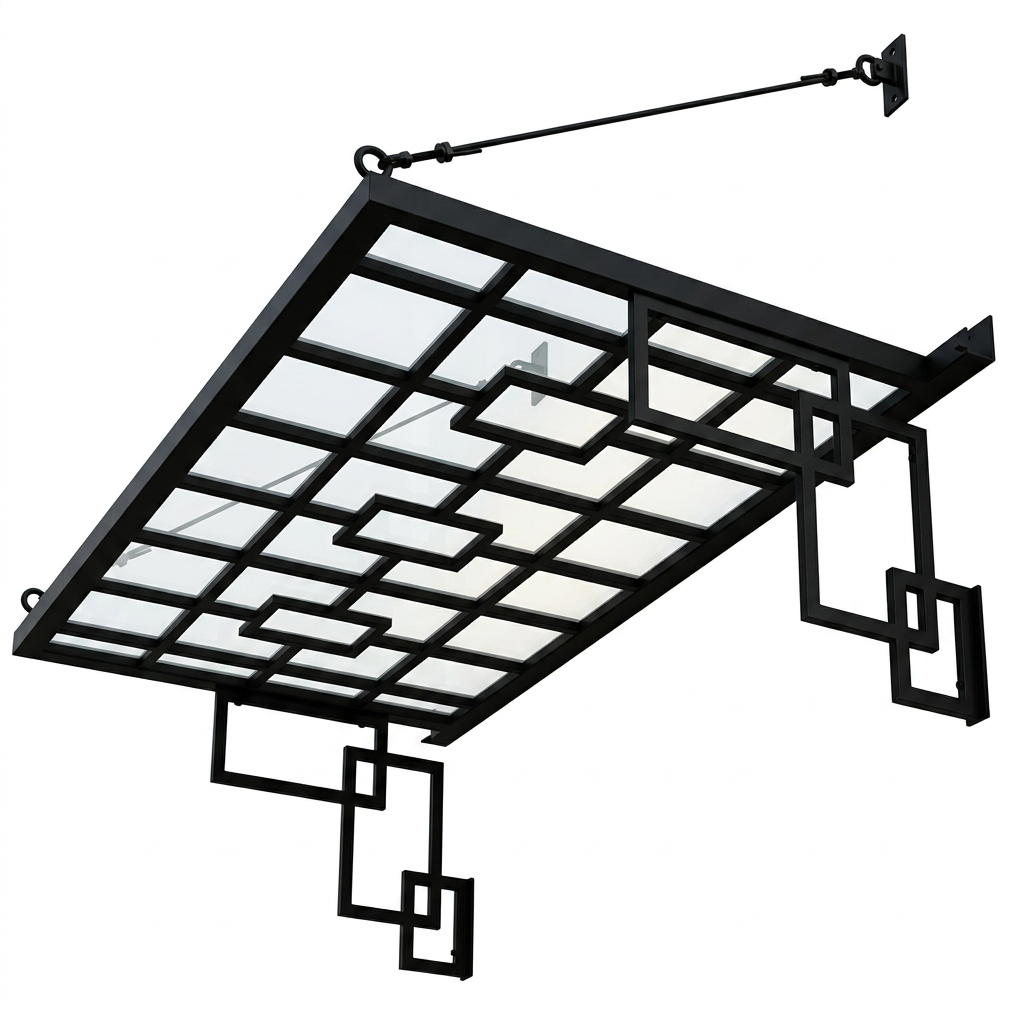 Modern Geometric Steel & Glass Grid‑Frame Canopy – Square Motif Architectural Awning   Made in Canada - Model # WA904