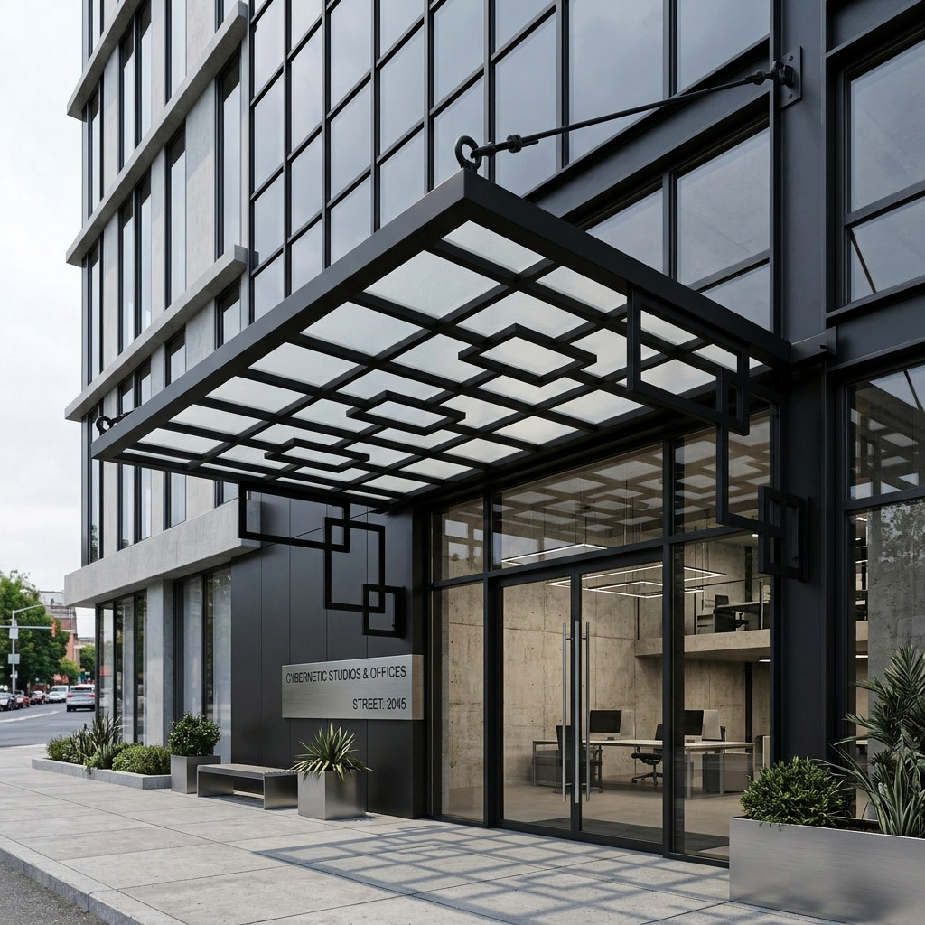 Modern Geometric Steel & Glass Grid‑Frame Canopy – Square Motif Architectural Awning   Made in Canada - Model # WA904