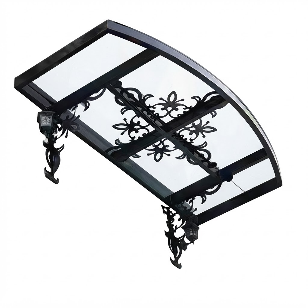 Curved Glass Wrought Iron Lantern‑Lit Entrance Canopy – Floral Scrollwork Decorative Awning - Made in Canada - Model # WA905