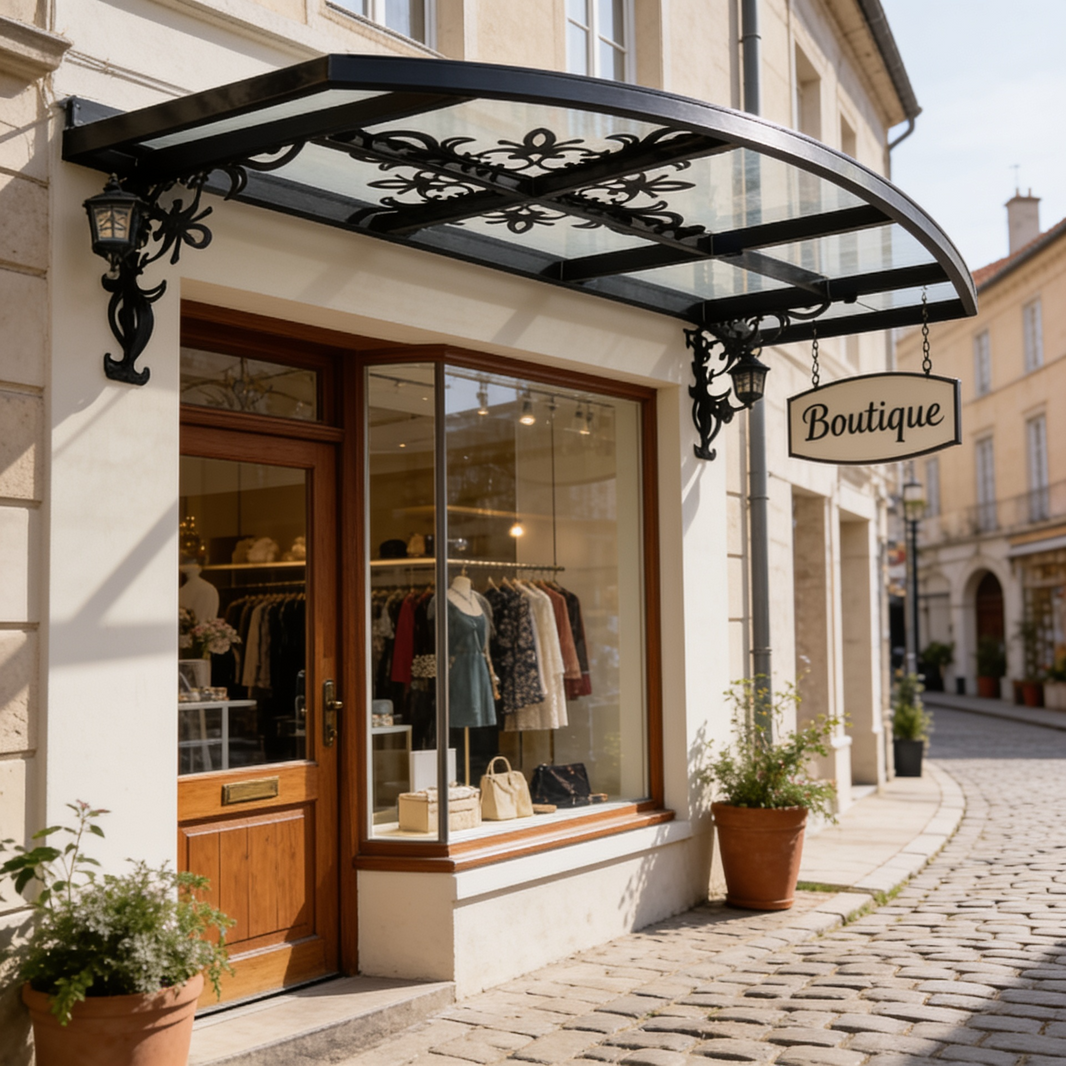 Curved Glass Wrought Iron Lantern‑Lit Entrance Canopy – Floral Scrollwork Decorative Awning - Made in Canada - Model # WA905