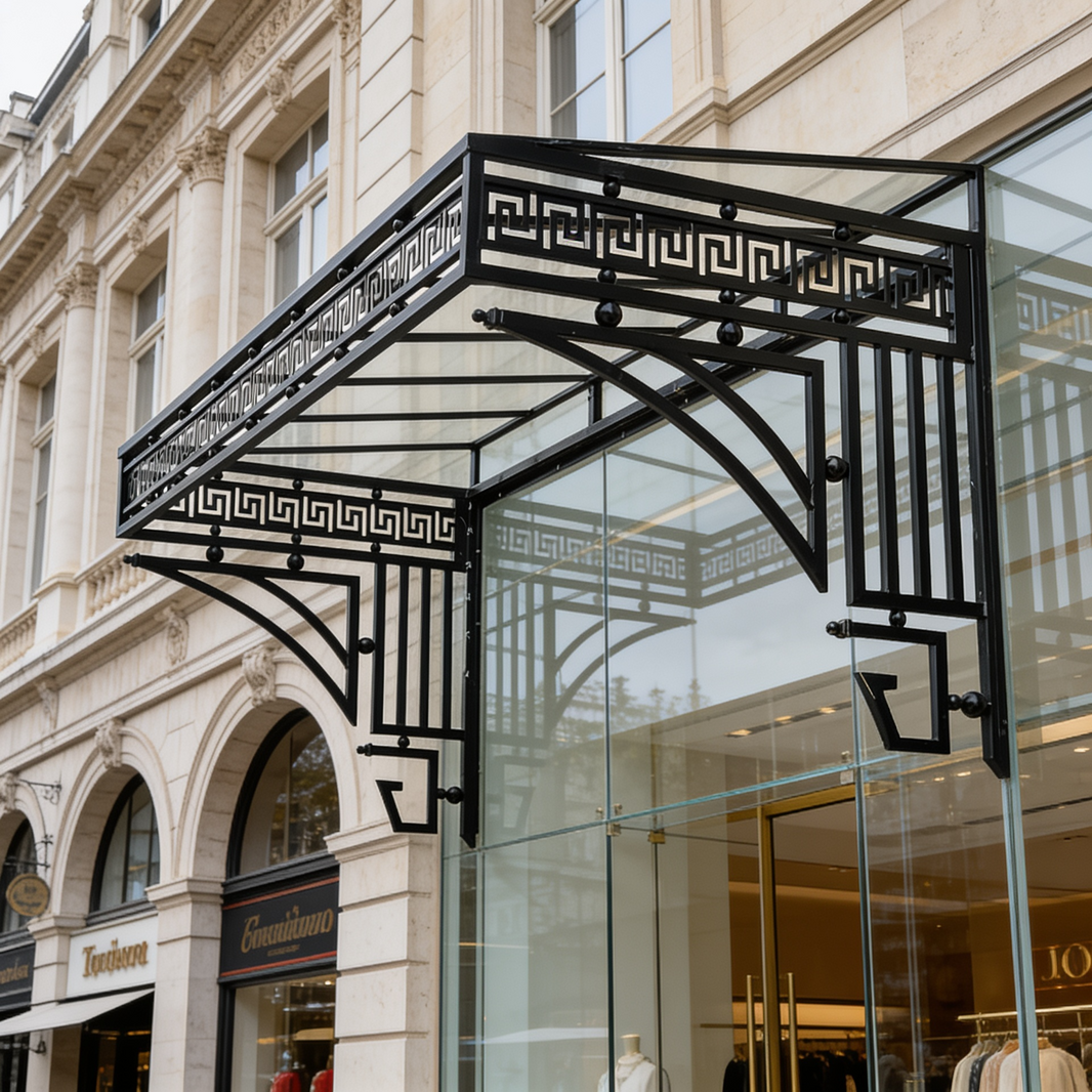 Greek Key Wrought Iron & Glass Architectural Canopy – Classical Geometric Border Awning - Made in Canada - Model # WA906