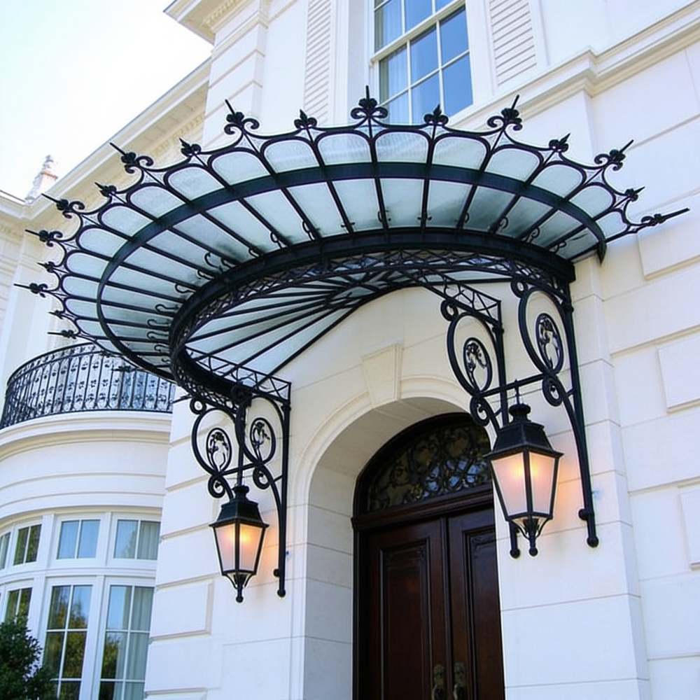 Wrought iron scrollwork canopy installed above double wooden door.