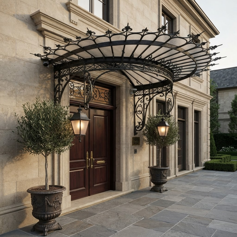 Decorative iron entrance awning featuring curved glass roof and large lantern fixtures.