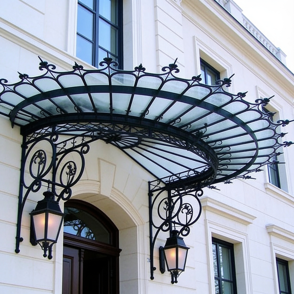 Lantern‑lit glass and iron canopy providing weather protection at building entrance.