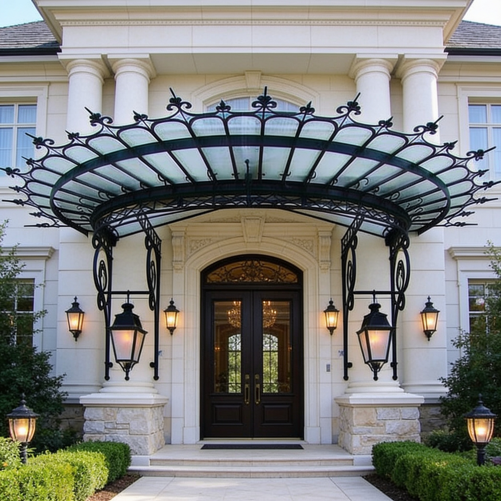 Lantern‑lit glass and iron canopy providing weather protection at building entrance.