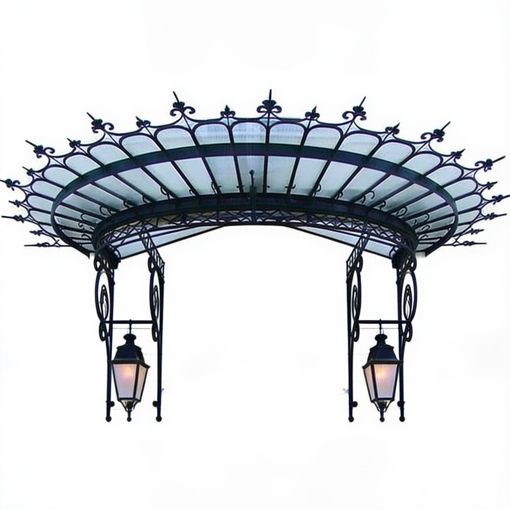 Arched glass canopy with ornate wrought iron scrollwork and dual lantern lights.