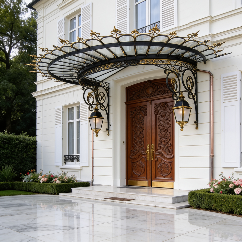 Ornate entrance canopy featuring dual lanterns and arched glass top.