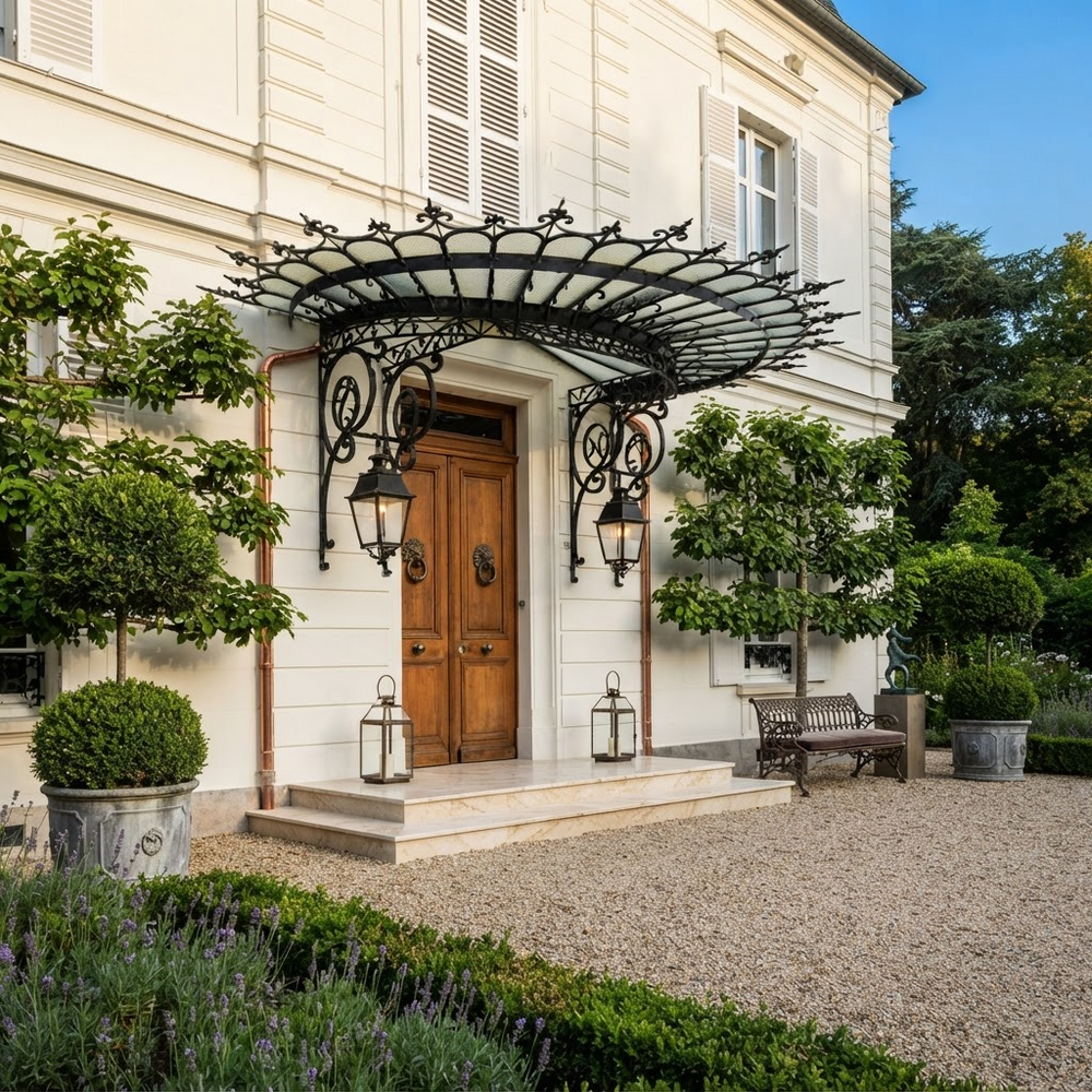 Decorative glass‑topped iron awning with floral scrollwork and lantern fixtures.
