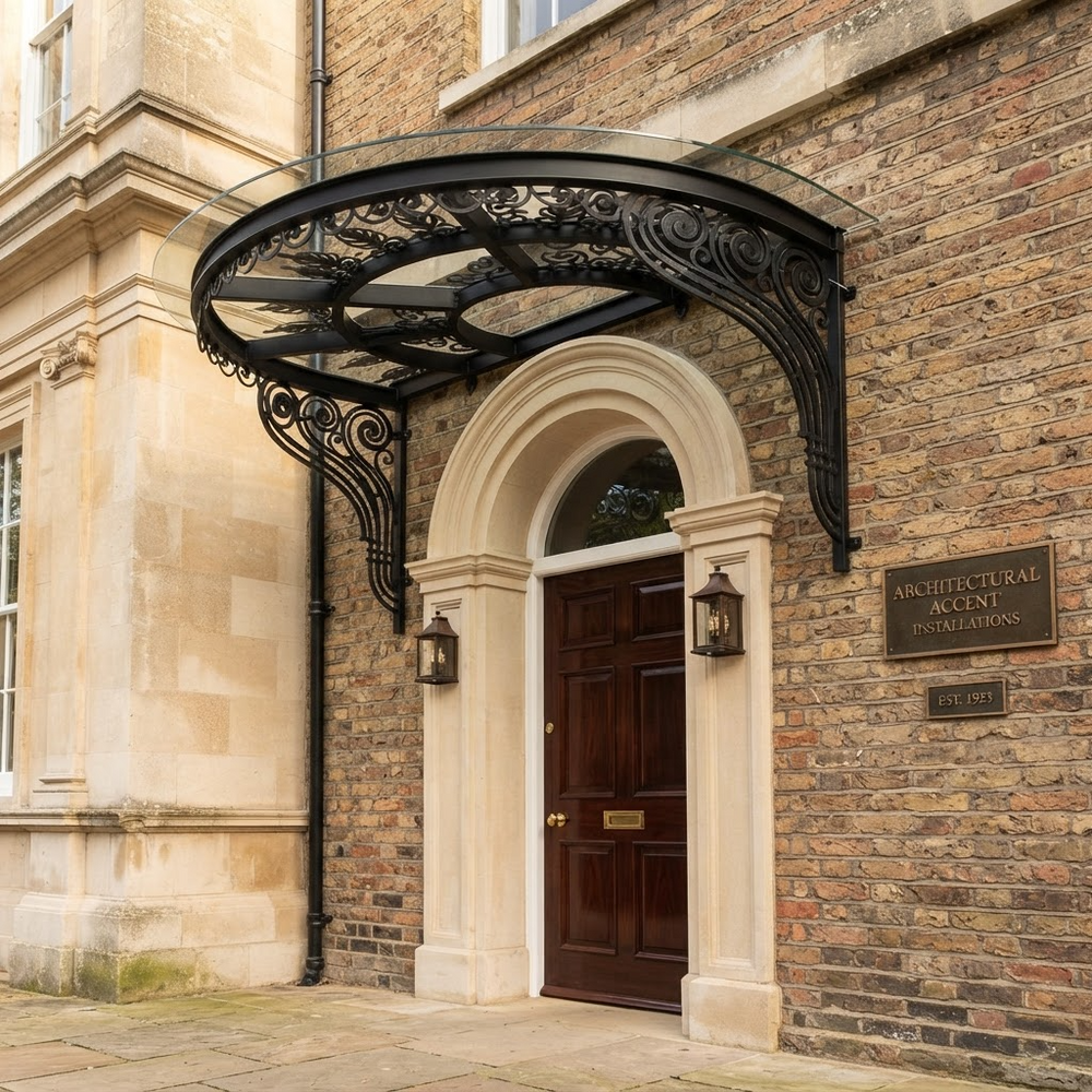 Semi‑circular outdoor glass awning with ornate wrought iron scrollwork.