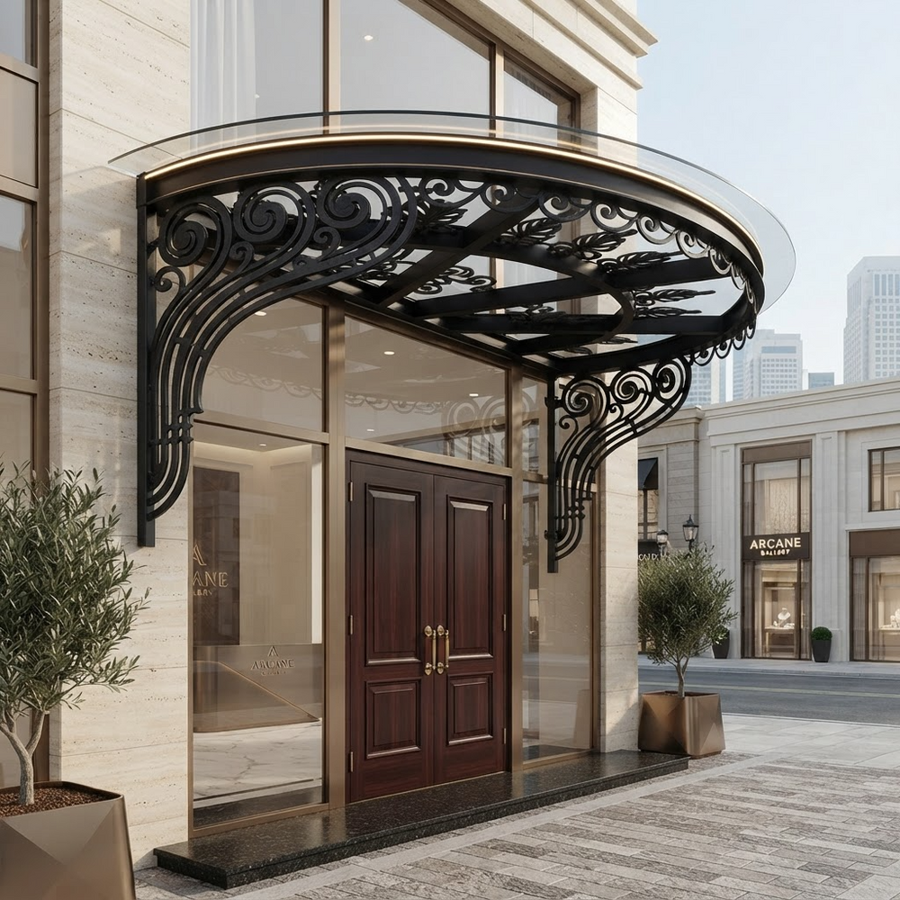 Curved outdoor awning with wrought iron frame and glass roof.