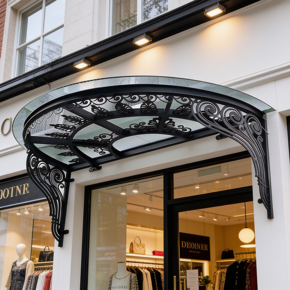 Semi‑circular outdoor glass awning with ornate wrought iron scrollwork.