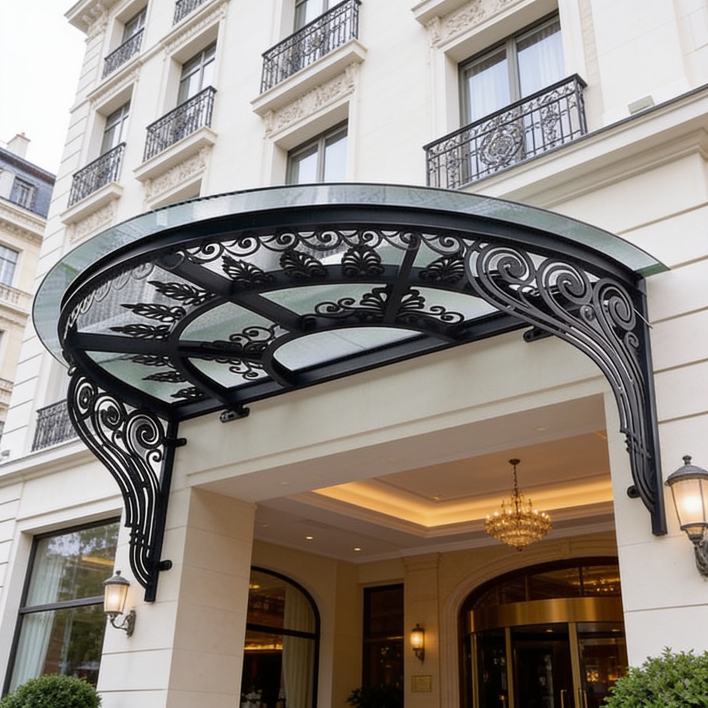 Semi‑circular outdoor glass awning with ornate wrought iron scrollwork.