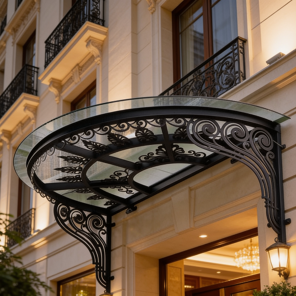 Outdoor entrance awning featuring curved glass and ornate ironwork.