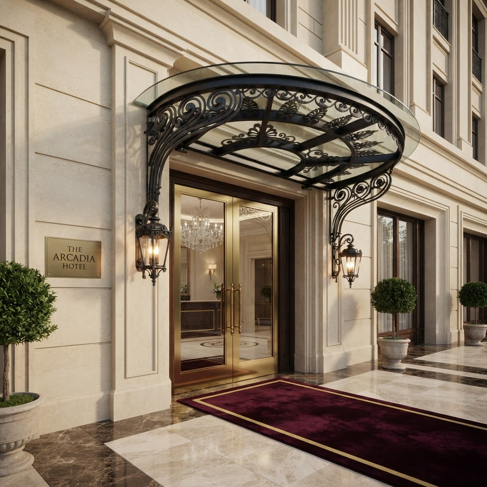 Semi‑circular glass canopy supported by decorative iron scroll brackets.