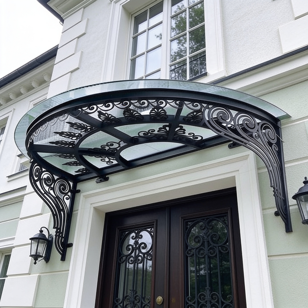 Outdoor wrought iron scrollwork awning with semi‑circular glass top.