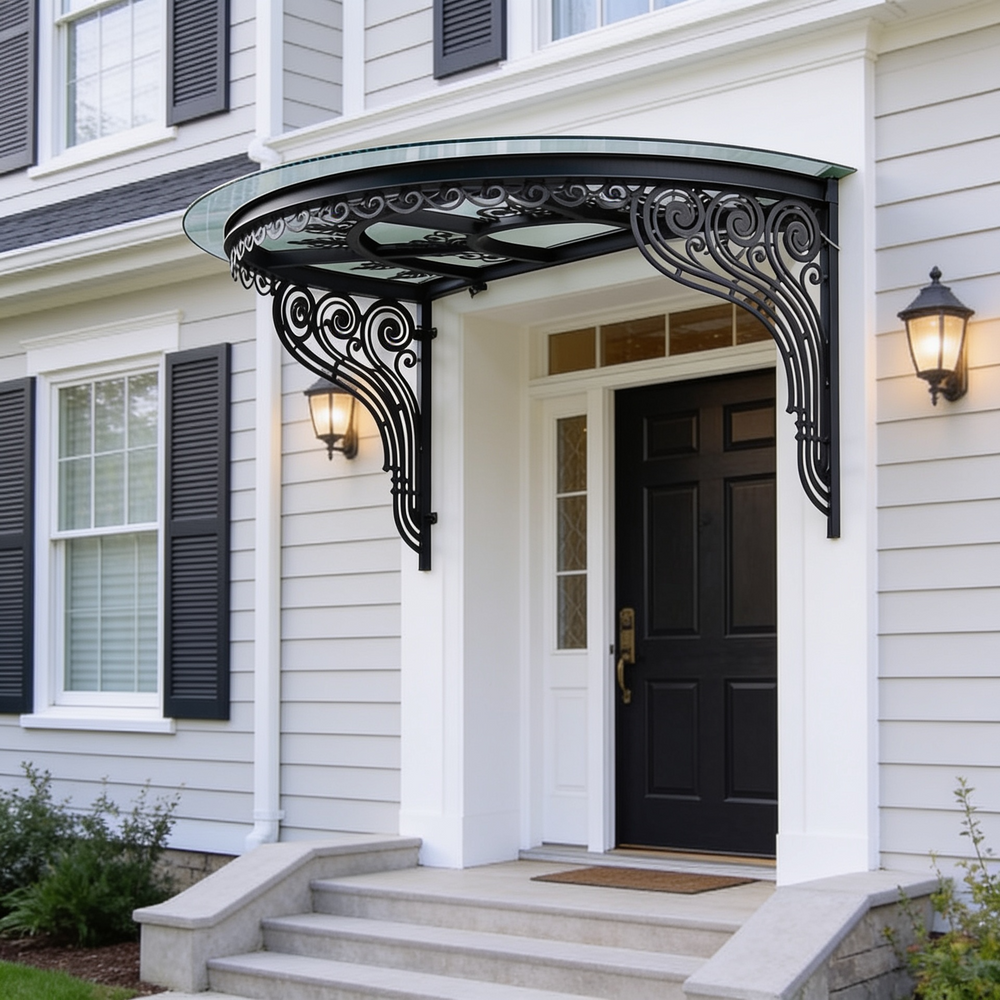 Curved glass entrance canopy featuring decorative wrought iron brackets.
