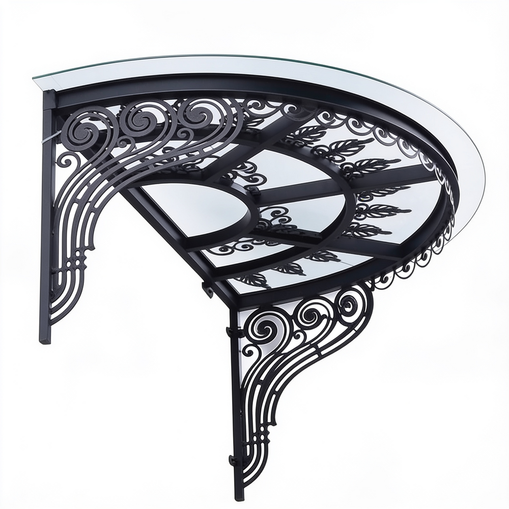Semi‑circular outdoor glass awning with ornate wrought iron scrollwork.