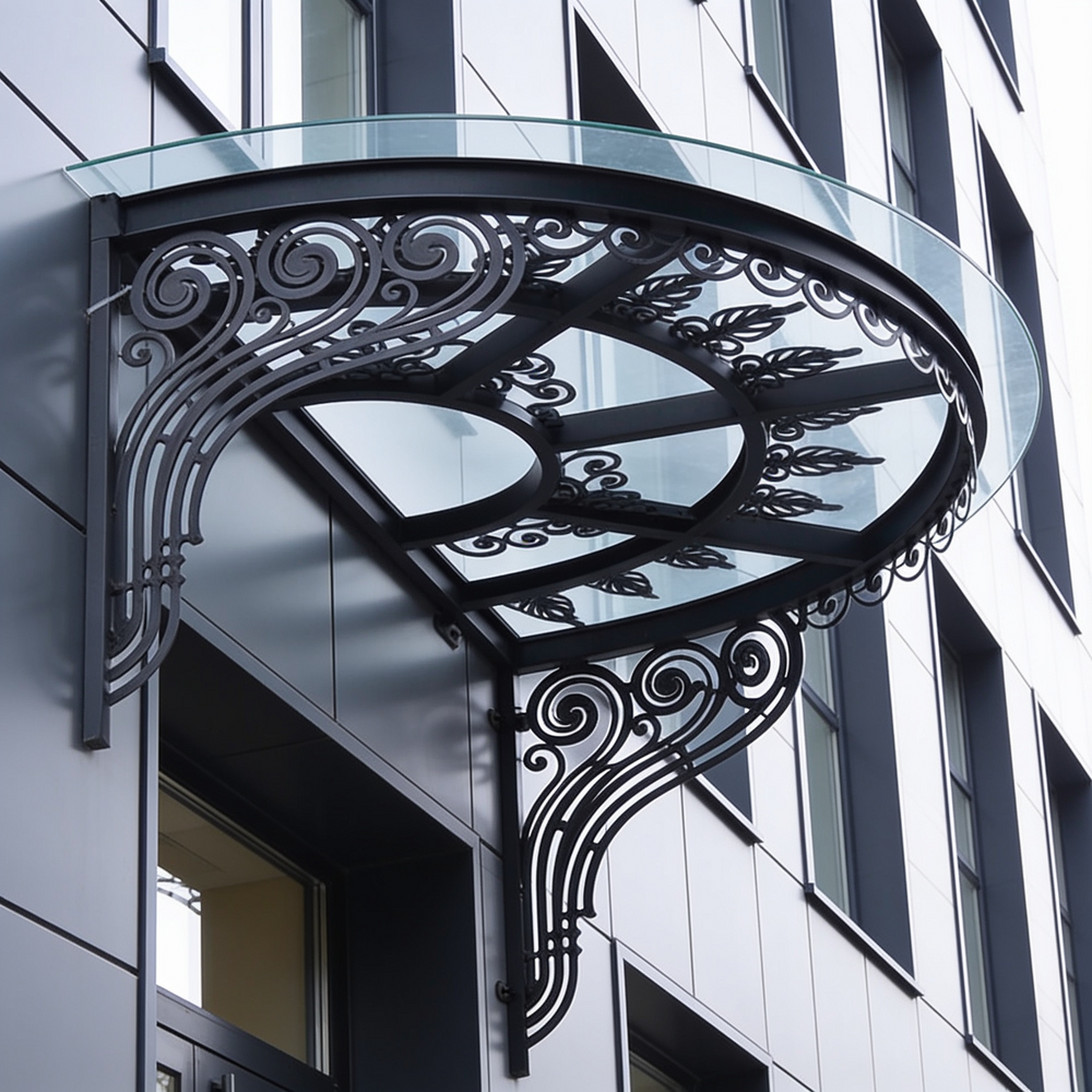 Outdoor wrought iron scrollwork awning with semi‑circular glass top.