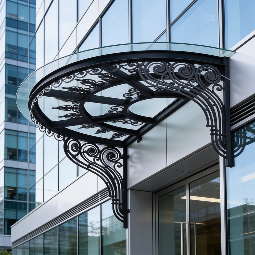 Decorative exterior canopy with curved glass and ornate iron frame.