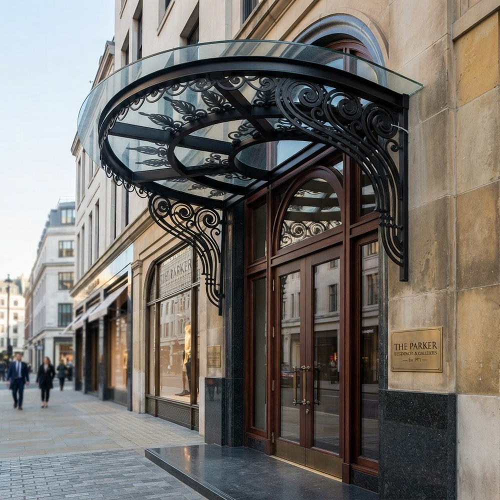 Wrought iron outdoor awning installed above exterior doorway.