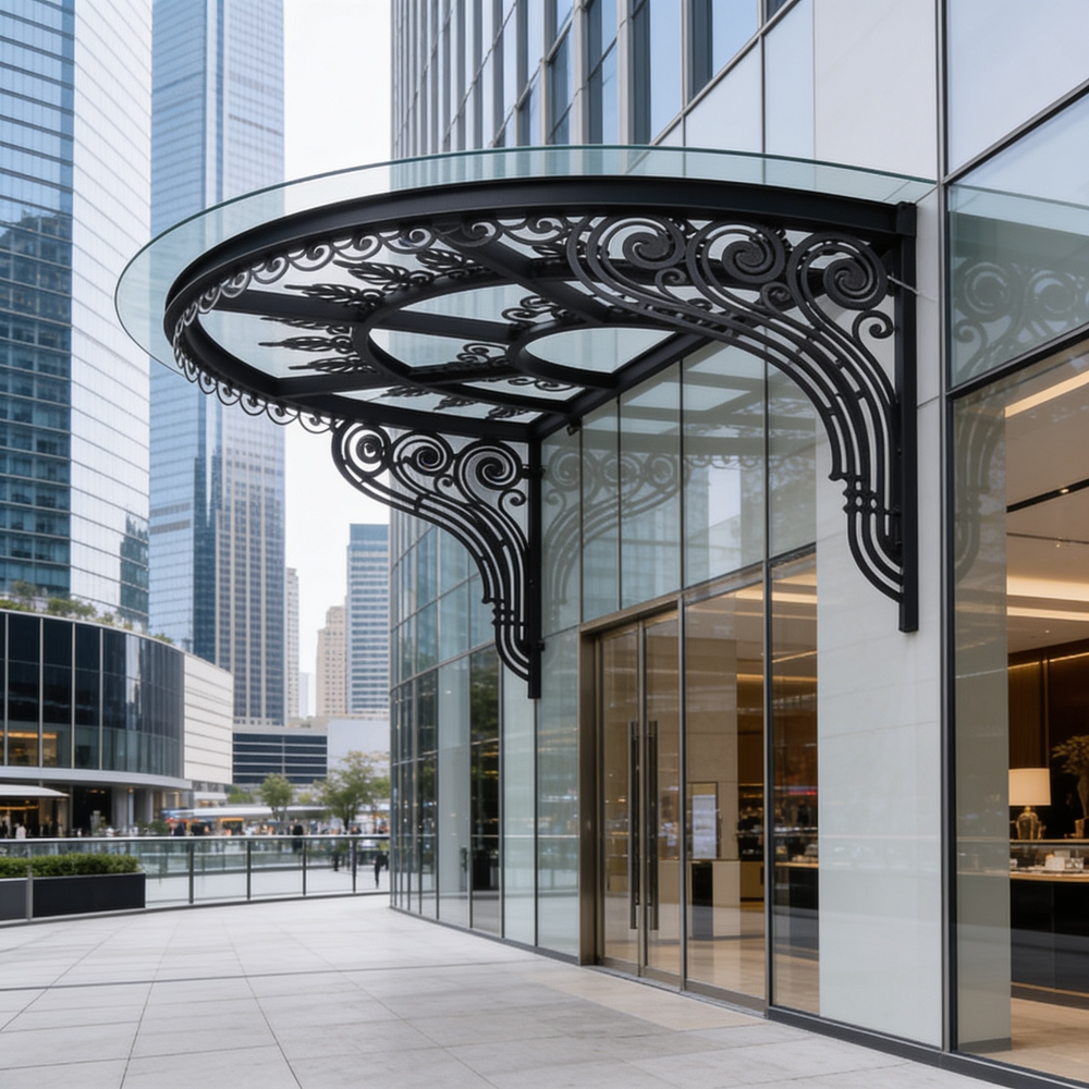 Decorative wrought iron entrance canopy with semi‑circular glass panel.