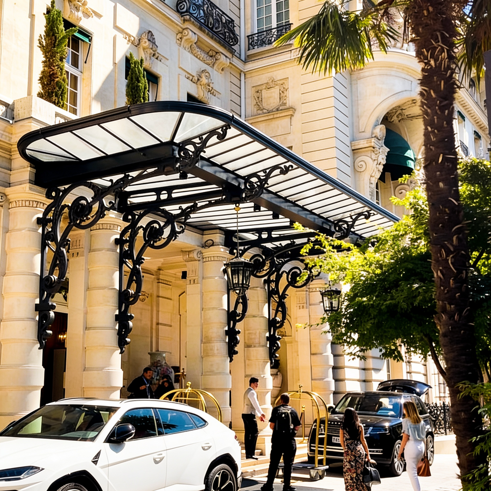 Curved rectangular glass canopy with ornate wrought iron scrollwork and dual lanterns.