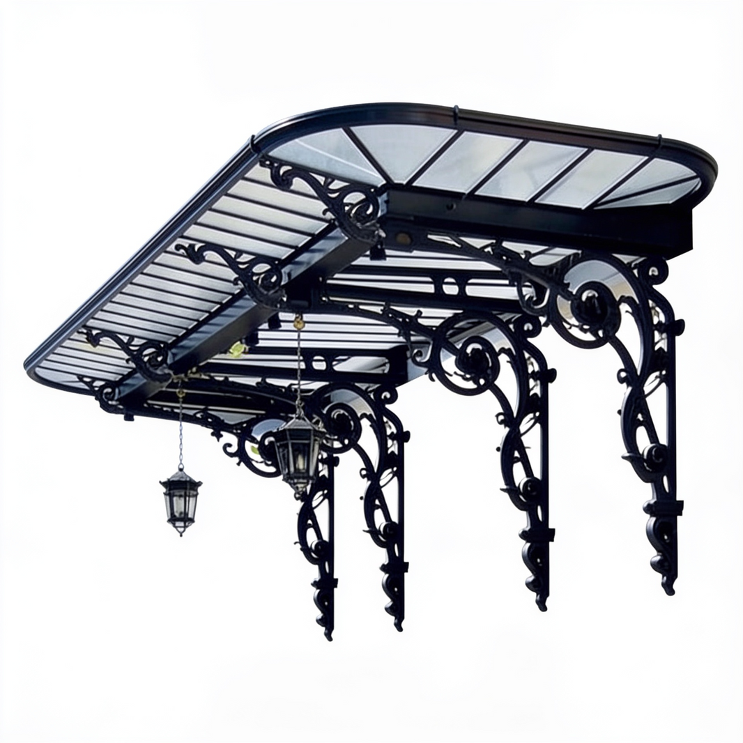 Parisian‑style wrought iron canopy with curved glass roof and hanging lanterns.