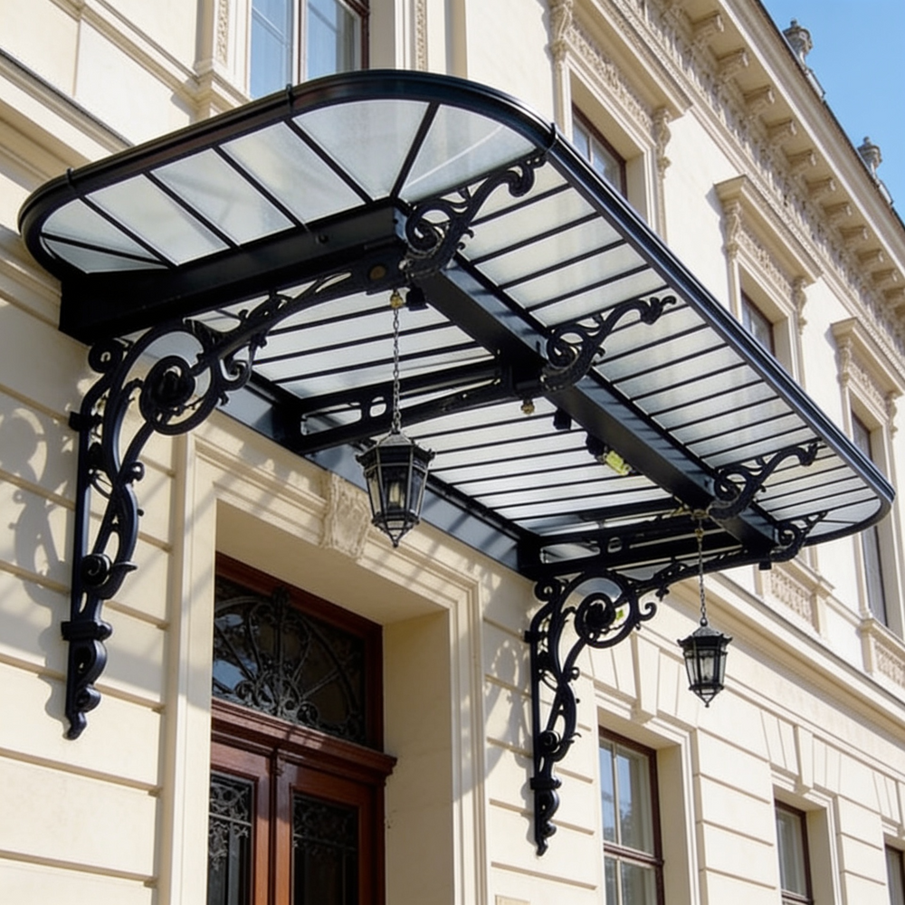Decorative wrought iron canopy installed above grand building entrance.