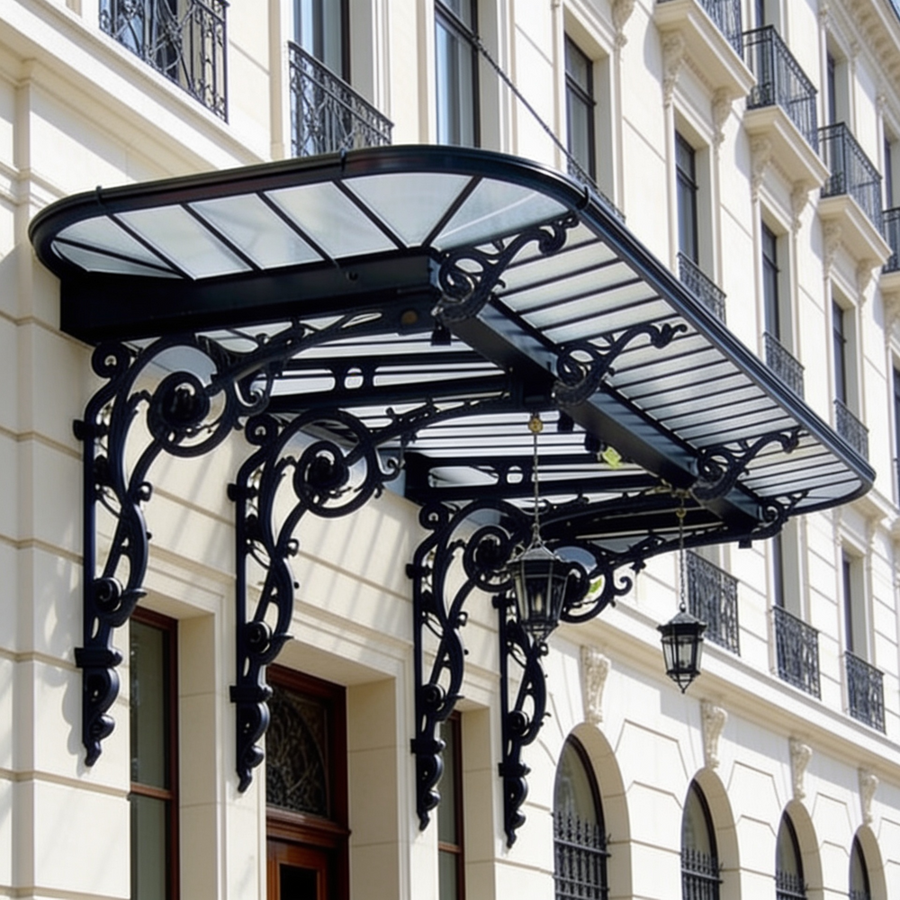 Elegant entrance canopy with Parisian architectural detailing and glass roof
