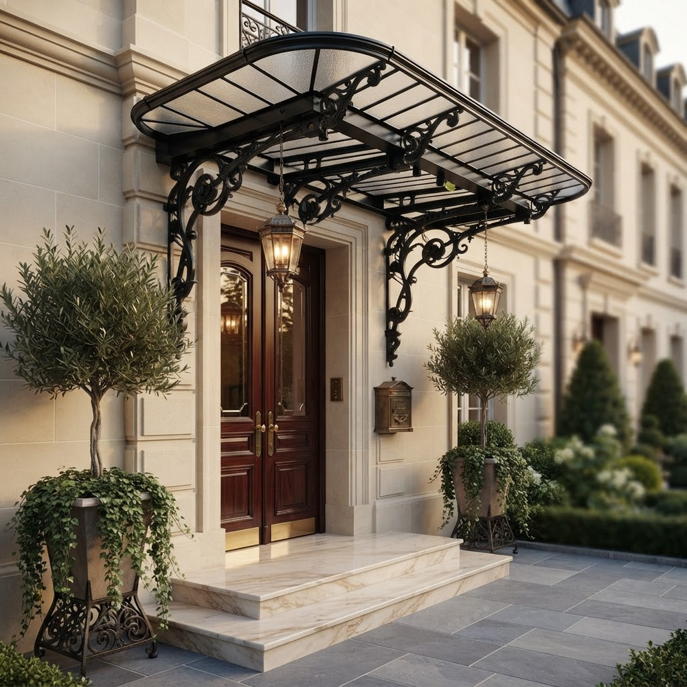 Lantern‑lit iron canopy with curved glass top and ornate scroll patterns.