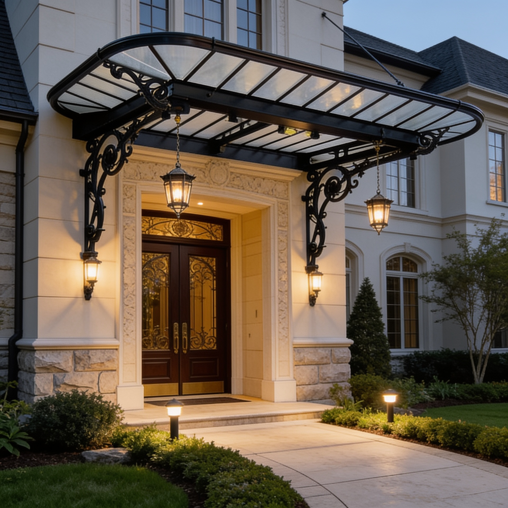 Premium wrought iron entrance awning designed in Parisian architectural style.