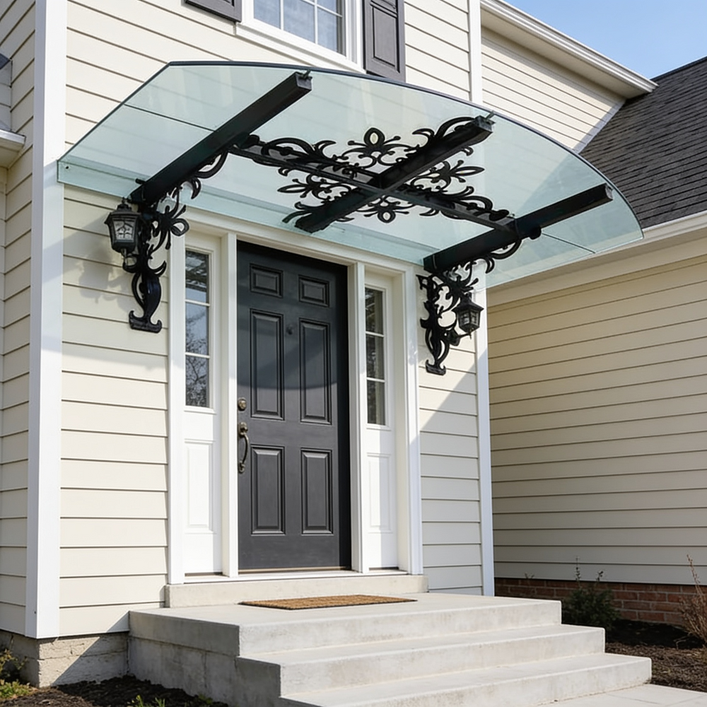 Wrought iron scrollwork awning with triple‑beam reinforcement and lantern lighting.